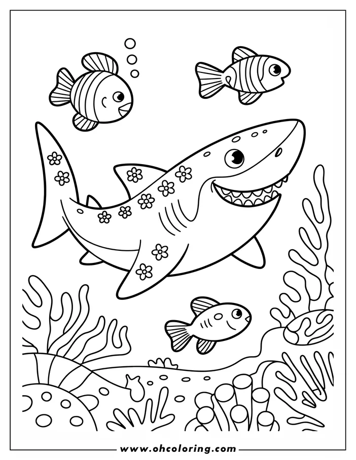 Cartoon shark with floral patterns swimming with three small fish in a coral reef setting.