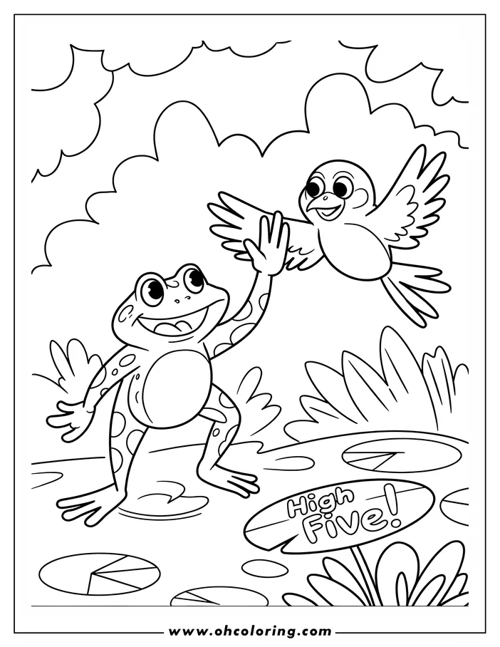 Outline of a spotted frog and a bird high-fiving near a pond with lily pads.