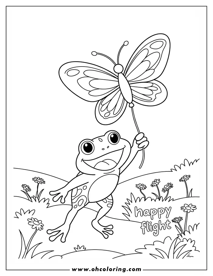 A cartoon frog holds a butterfly on a string in a field of flowers.