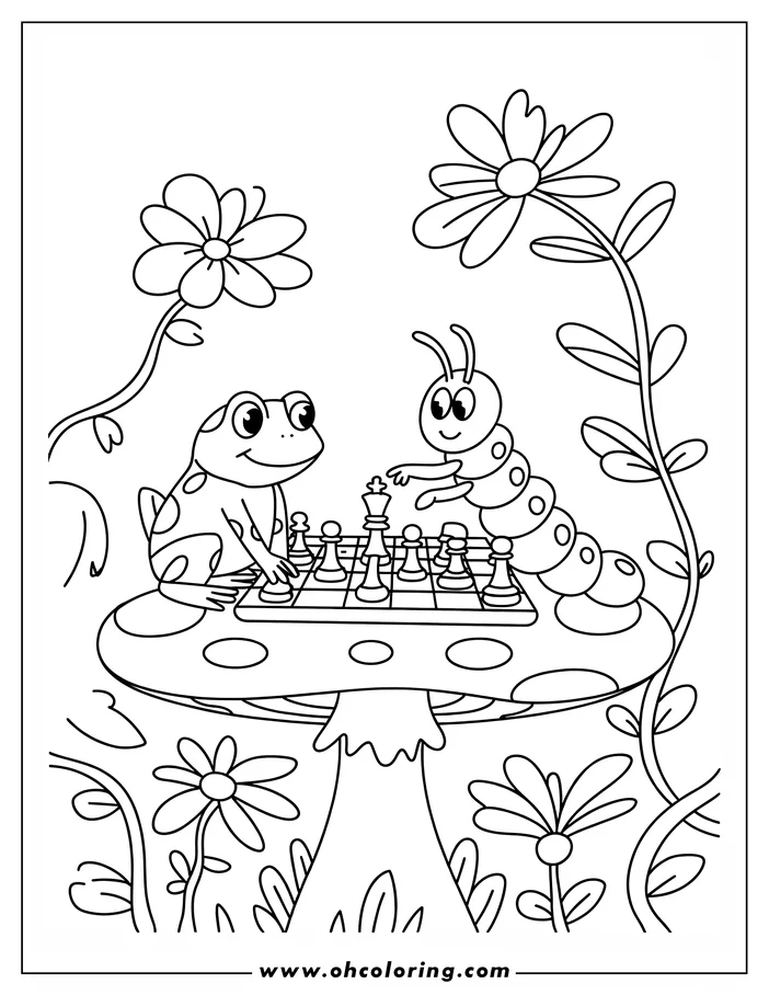Outline of a frog and caterpillar playing chess on a mushroom surrounded by flowers.