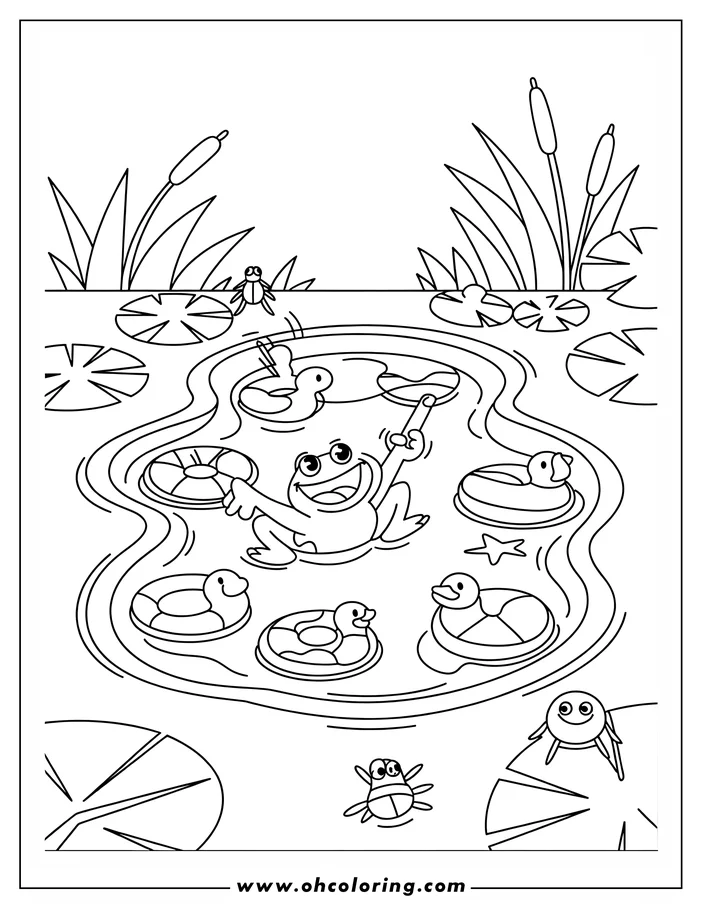 Line art of a smiling frog playing with ducklings in a pond. The ducklings float on small inner tubes, surrounded by lily pads and cattails. A fly and spider are near the pond's edge.