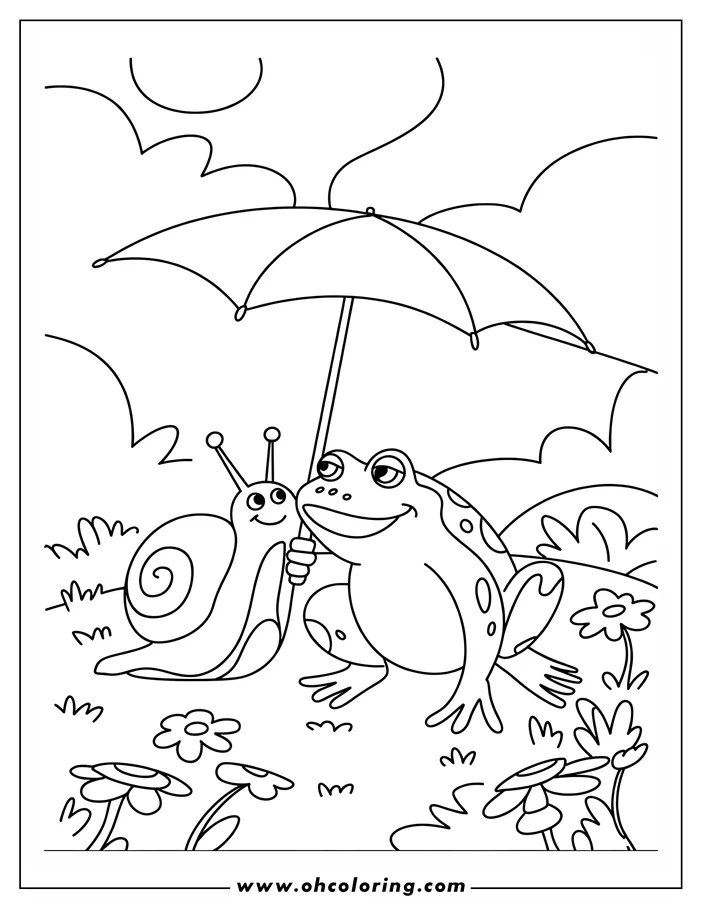 Outline of a friendly frog and snail sharing an umbrella in a field of flowers.