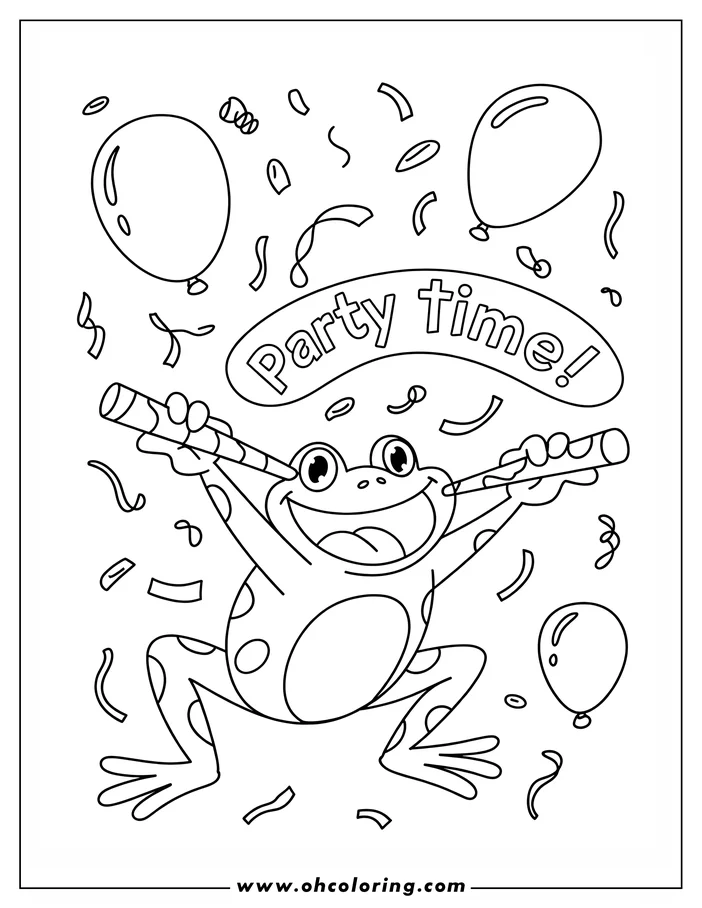 Outline of a spotted frog celebrating at a party. The frog is jumping and holding two party noisemakers. Balloons and confetti surround the frog, and a 'Party Time' banner is above.