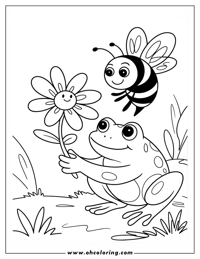 Line art of a friendly frog offering a smiling flower to a cheerful bee