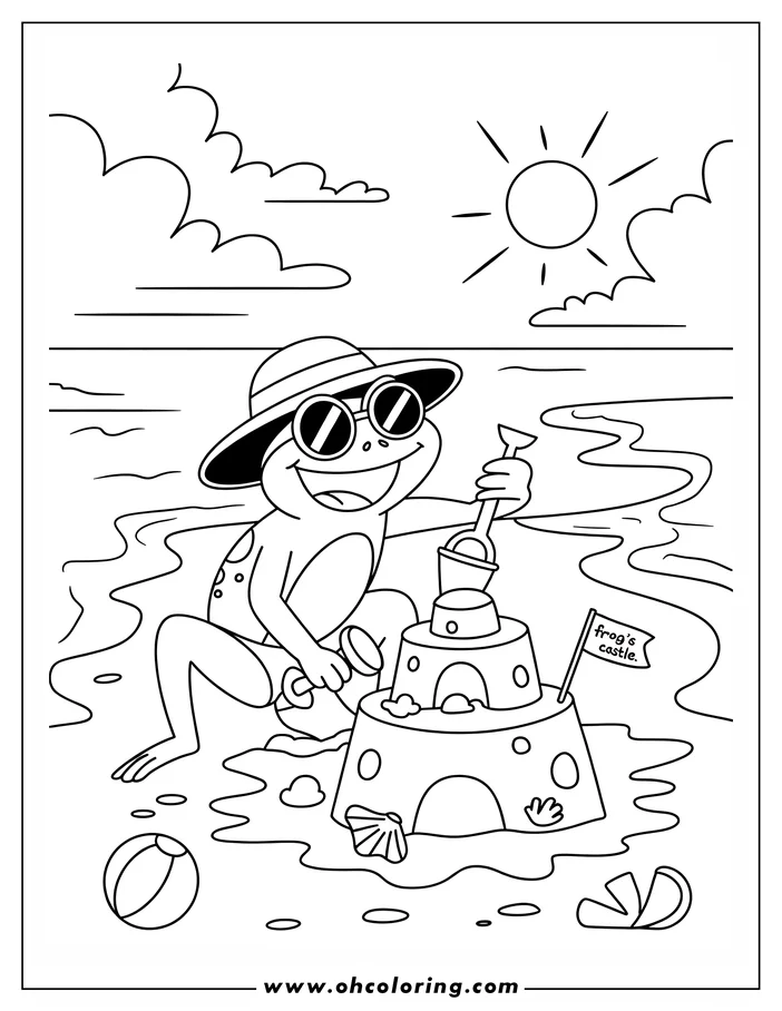 Line drawing of a frog wearing a sun hat and sunglasses building a sandcastle on the beach with a beach ball nearby and the sun shining overhead.