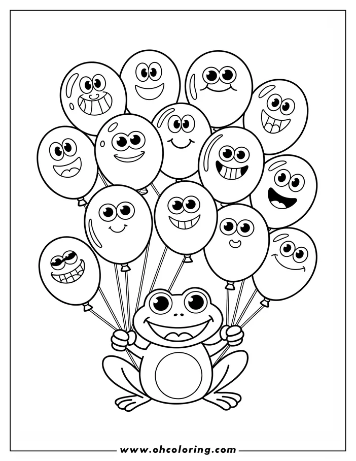 Line art of a smiling frog holding a bunch of balloons with funny faces.