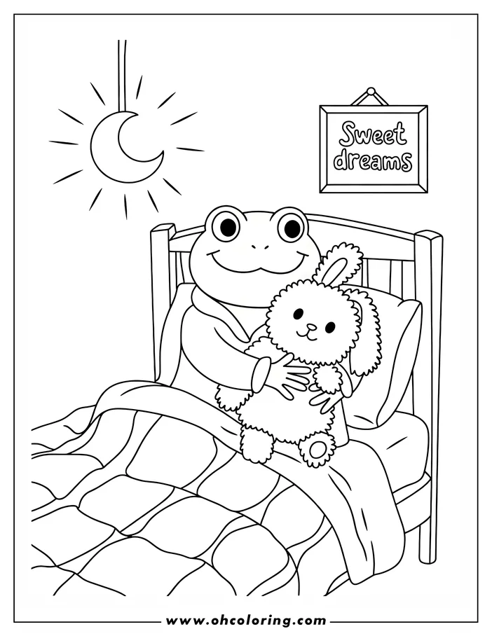 Line art of a cartoon frog in bed holding a bunny stuffed animal. A crescent moon hangs on the wall, and a "Sweet Dreams" sign is visible.