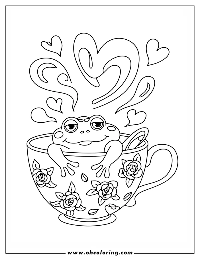 Outline of a frog sitting in a teacup decorated with roses, with heart-shaped steam rising above