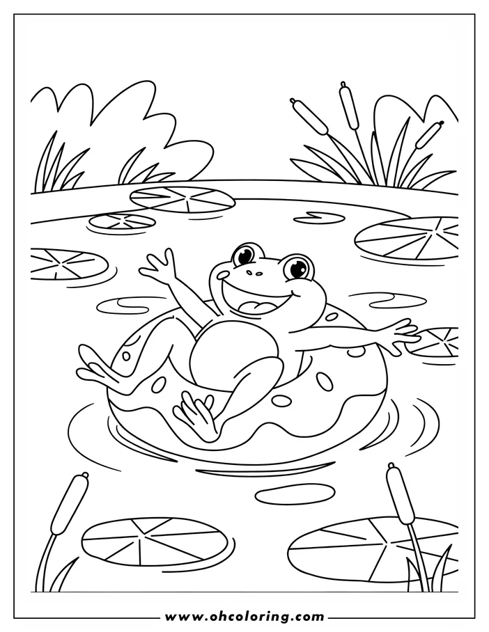 Outline of a happy frog floating on an inner tube in a pond surrounded by lily pads and cattails.