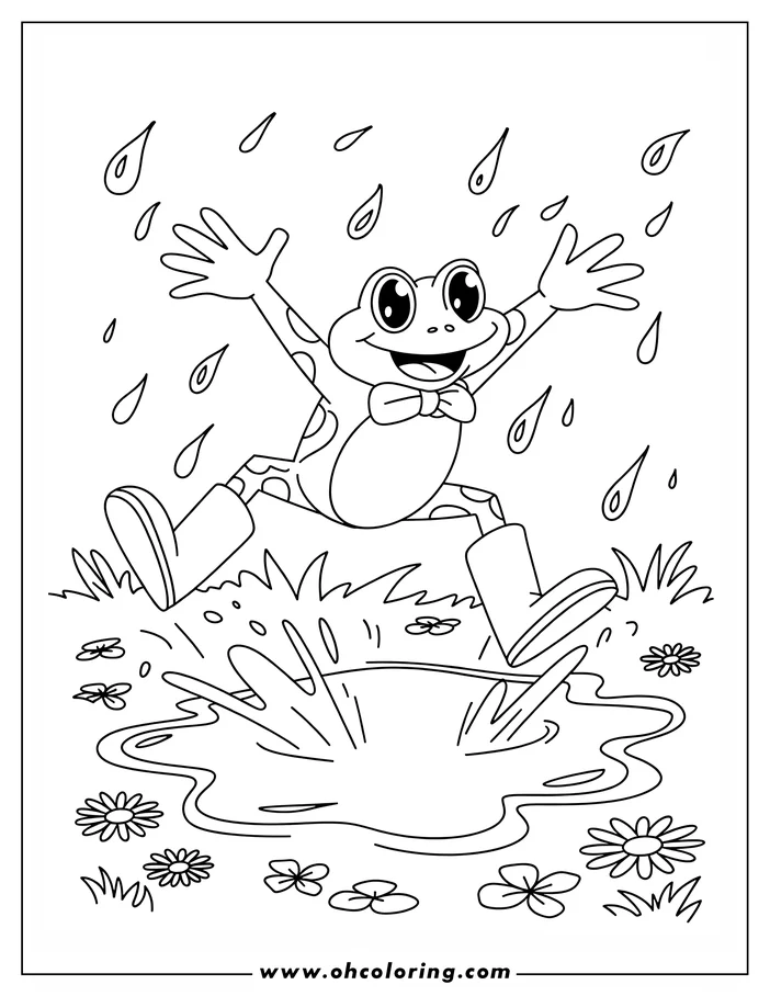 Line art of a happy frog wearing boots and a bow tie, jumping in puddles with raindrops falling around it.