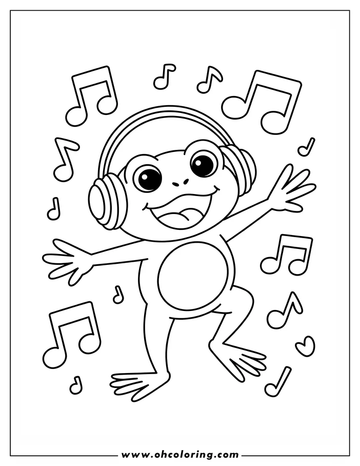 Outline of a cartoon frog wearing headphones and dancing, surrounded by musical notes.