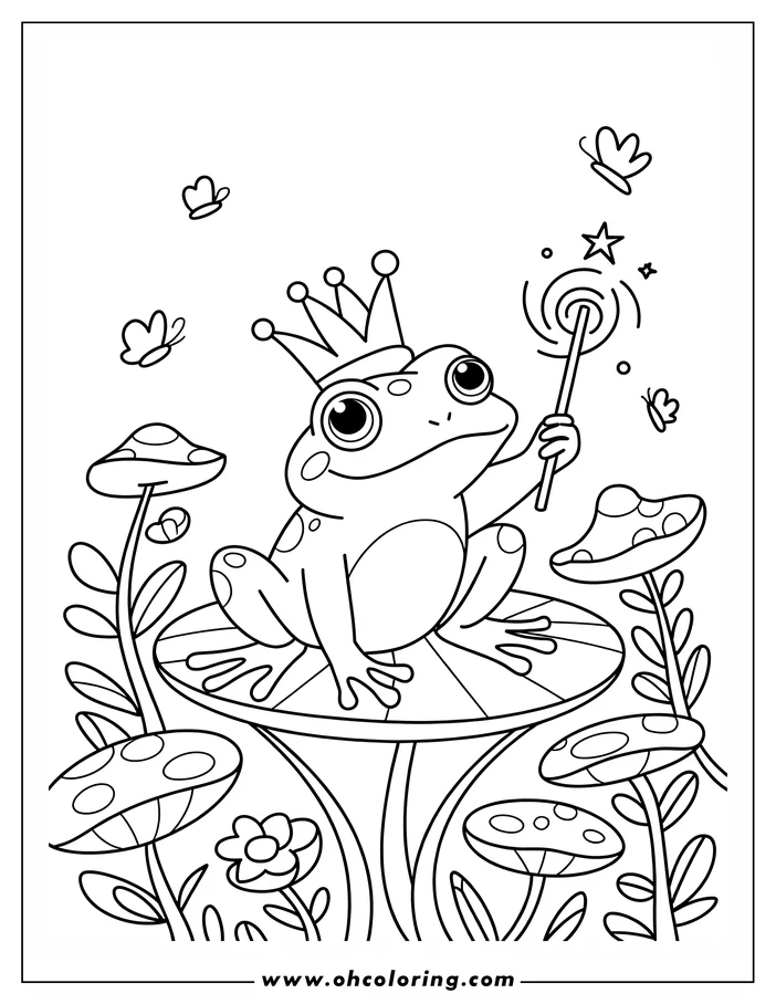 Outline of a frog wearing a crown, sitting on a mushroom and holding a magic wand, surrounded by smaller mushrooms, flowers, and butterflies.