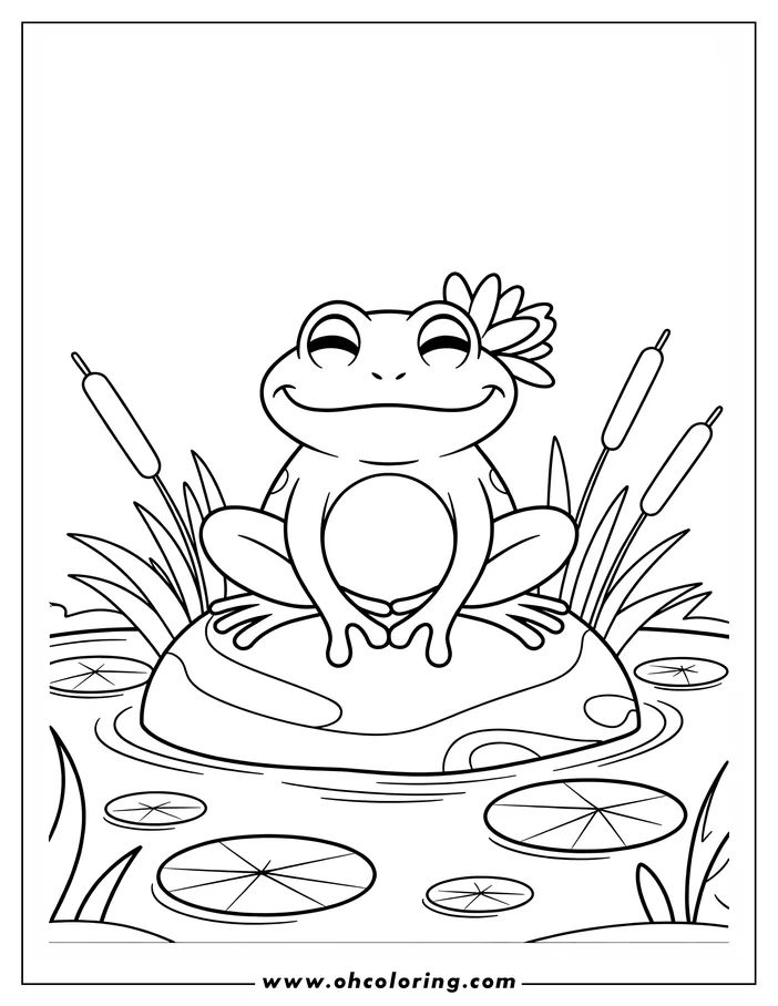 Outline of a cartoon frog sitting on a rock surrounded by lily pads and cattails.