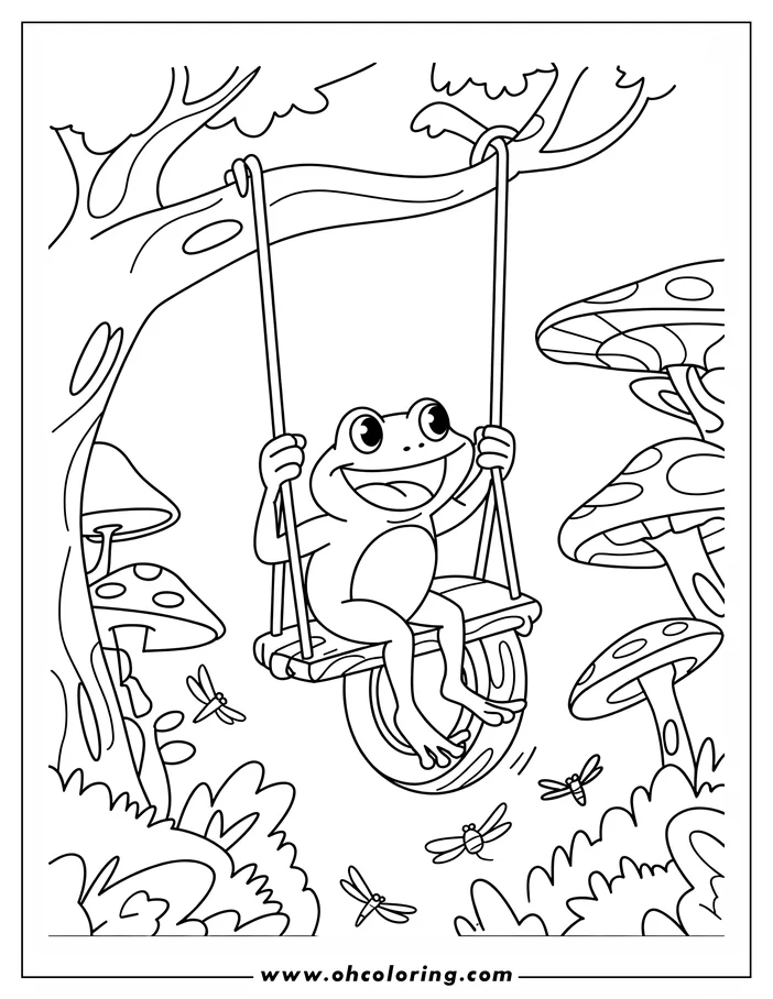 Outline of a smiling frog swinging on a tire swing hanging from a tree, with mushrooms and dragonflies around.