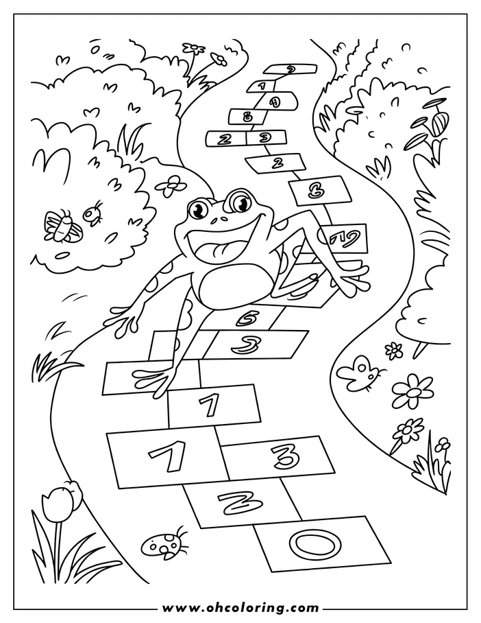 Outline of a smiling frog playing hopscotch in a garden. A ladybug and butterfly are nearby.