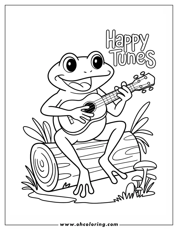 Outline of a cheerful frog playing a ukulele while sitting on a log.