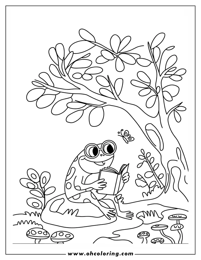 Line art of a frog with glasses sitting and reading a book under a tree, with mushrooms and a butterfly nearby.