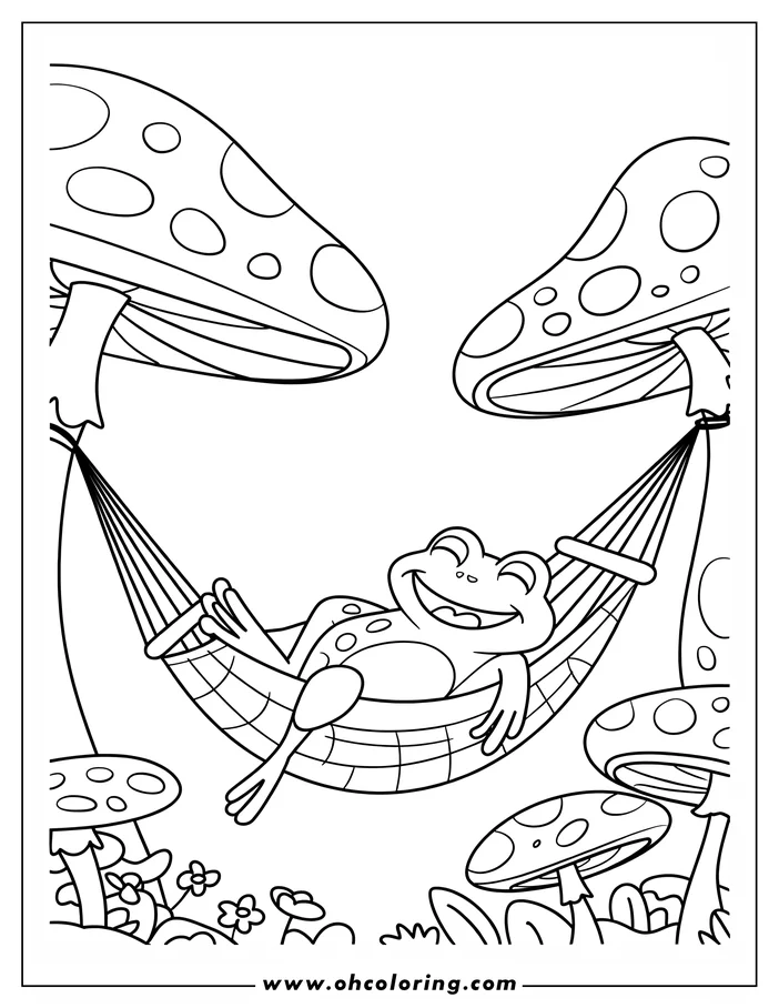 Line art of a smiling frog relaxing in a hammock strung between two large toadstools in a whimsical setting.