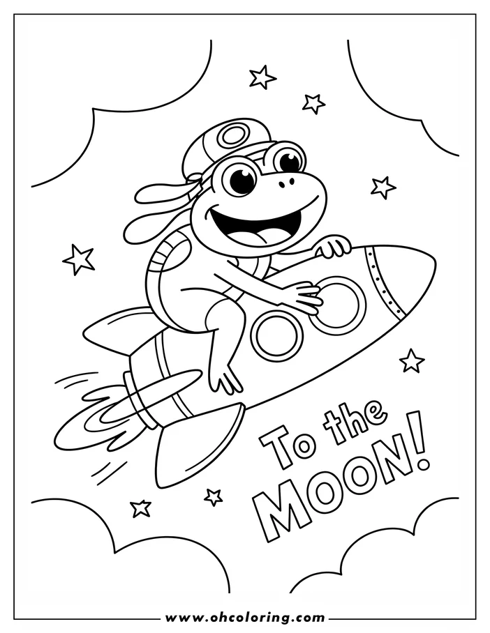 A cartoon frog wearing a helmet rides a rocket into space, with stars and clouds around them.