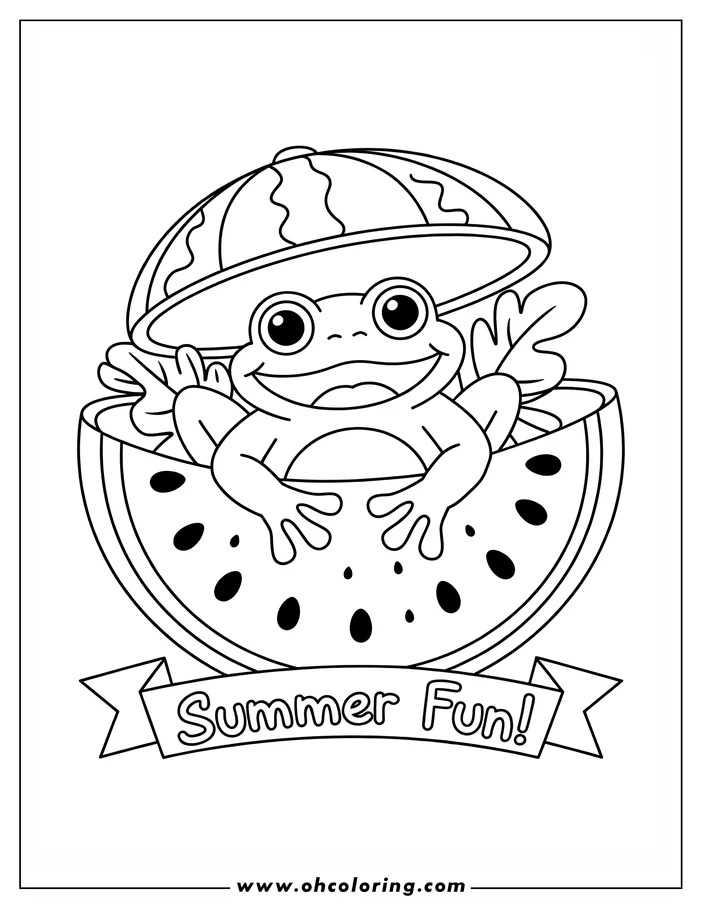 Outline of a smiling frog sitting inside a halved watermelon, wearing the top rind as a hat. A banner below reads 'Summer Fun!'.