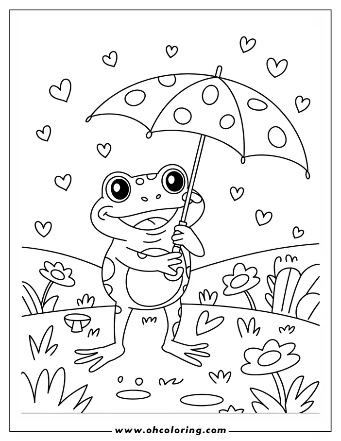 Outline of a smiling frog holding an umbrella in a field of flowers.