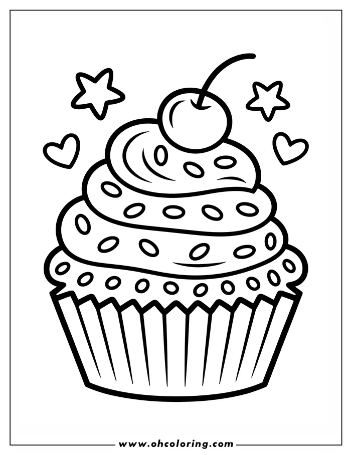 Line art of a frosted cupcake topped with a cherry and sprinkles. The cupcake is centered with hearts and stars around it.