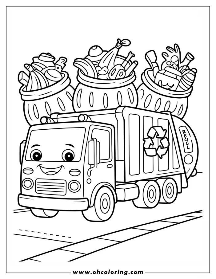 Outline of a cartoon garbage truck carrying three full trash bins.
