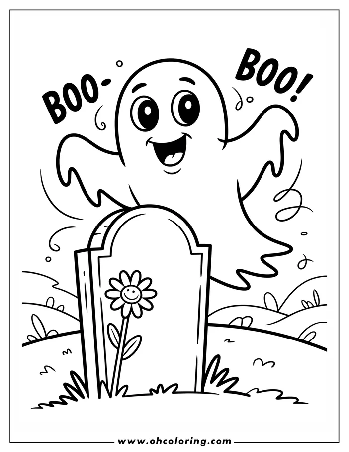 Line art of a friendly ghost hovering by a gravestone with a smiling flower growing next to it, and a simple grassy background