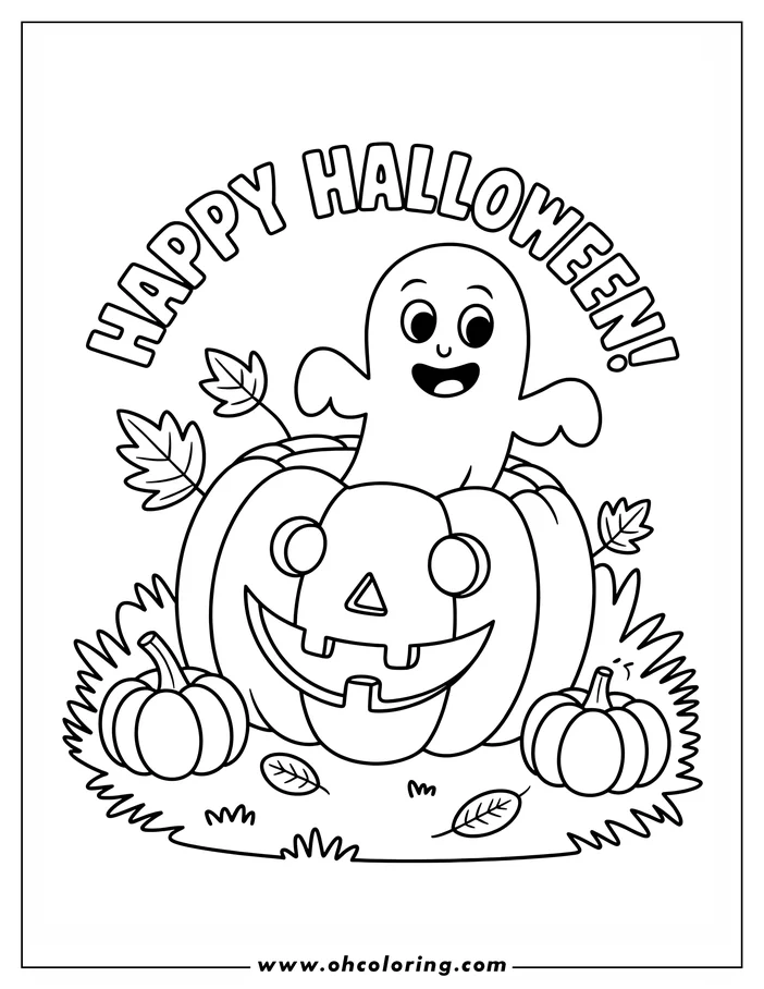 Line art of a friendly ghost sitting on a carved jack-o'-lantern with two small pumpkins on the ground beside it. The text 'Happy Halloween' appears above the scene.