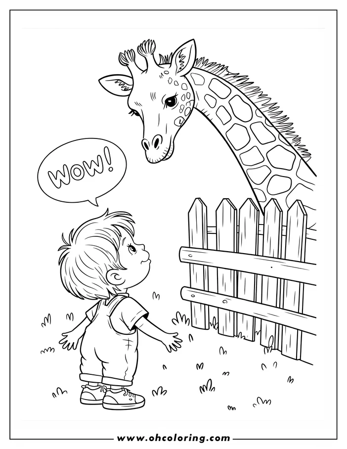 Line art of a boy looking up at a giraffe over a fence. The boy is saying "Wow!"