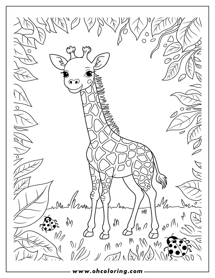 Outline of a young giraffe standing amongst leaves and two ladybugs.