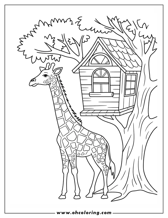Line art of a giraffe standing near a tree with a treehouse built in its branches. The giraffe's spotted coat is a key feature.