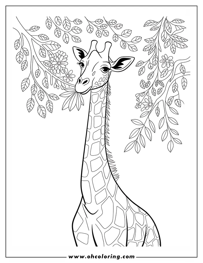 Line art of a giraffe at the zoo, surrounded by leafy branches and flowers.