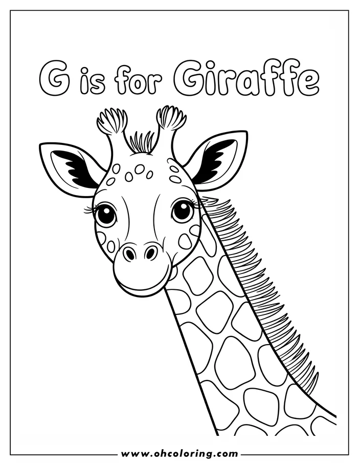 Line art of a giraffe's head and neck. The giraffe has large, gentle eyes and characteristic spots on its coat.