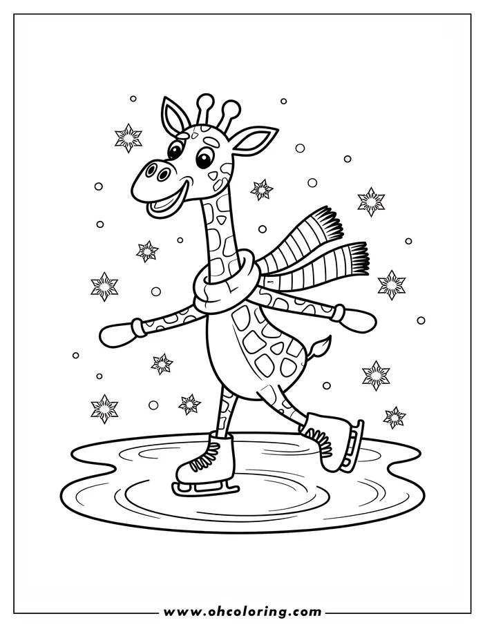 Line art of a giraffe ice skating on a frozen pond, wearing a scarf and mittens, with snowflakes falling around it.