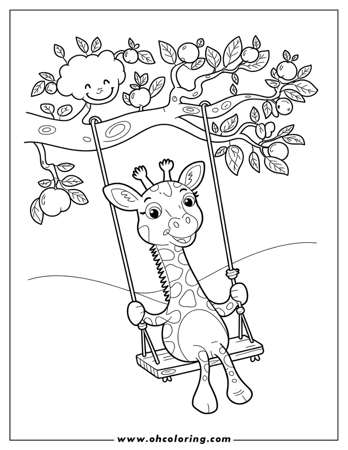 Outline drawing of a giraffe sitting on a swing hanging from an apple tree branch, with a smiling cloud overhead.