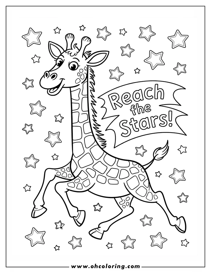 Outline of a cartoon giraffe reaching for the stars with a banner