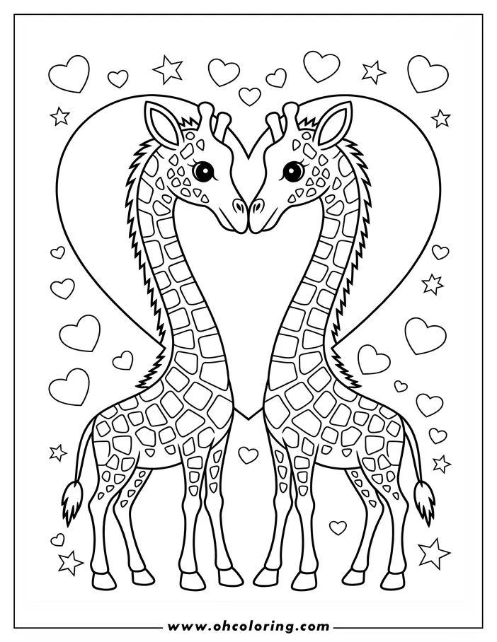 Two giraffes facing each other within a heart outline, surrounded by smaller hearts and stars.