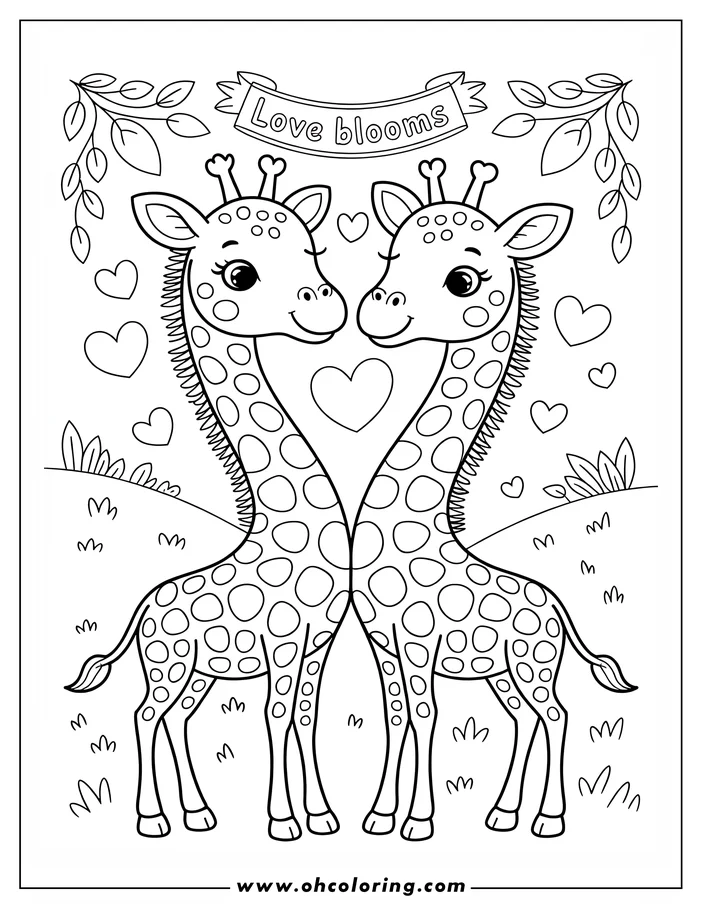 Two giraffes with necks forming a heart shape, surrounded by small hearts