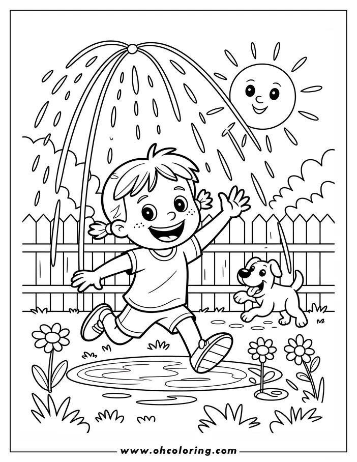 Line art of a girl and her dog playing under a sprinkler on a sunny summer day. Flowers and a picket fence complete the backyard scene.