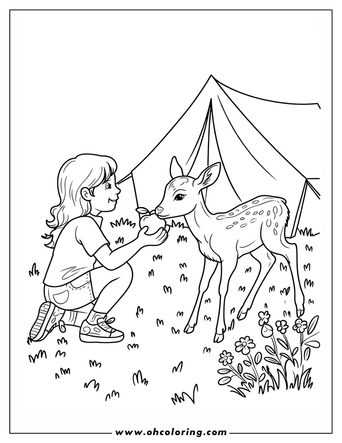 Line art of a young girl offering an apple to a spotted fawn near a tent in a grassy area with small flowers. 