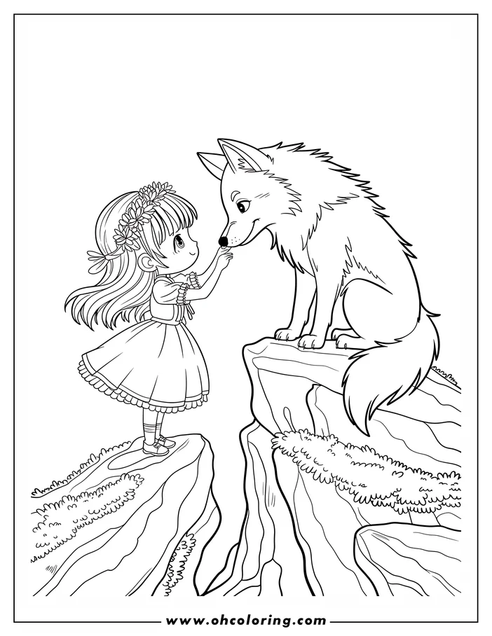 Line art of a young girl with flowers in her hair reaching out to a wolf. They stand on separate rocky cliffs.
