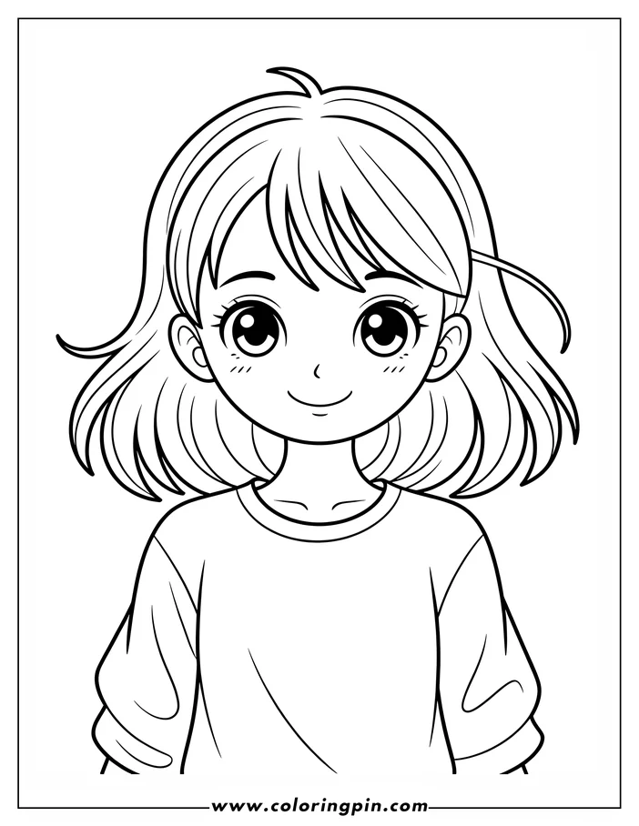 Line art of a girl with chin-length hair and large, expressive eyes, wearing a t-shirt.
