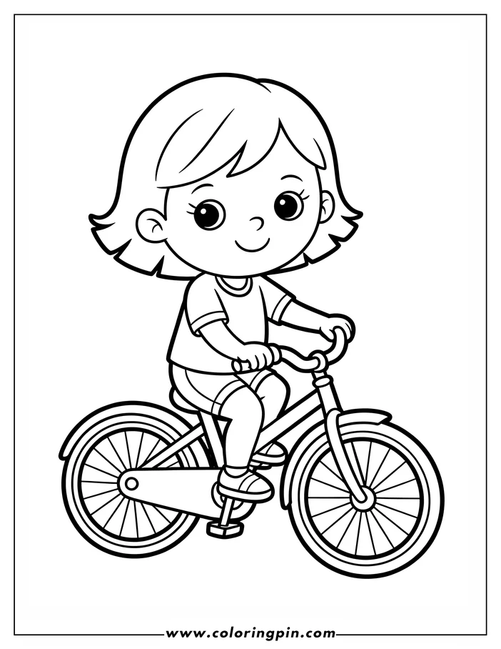 Line art of a girl riding a bicycle. She is smiling and looks happy.