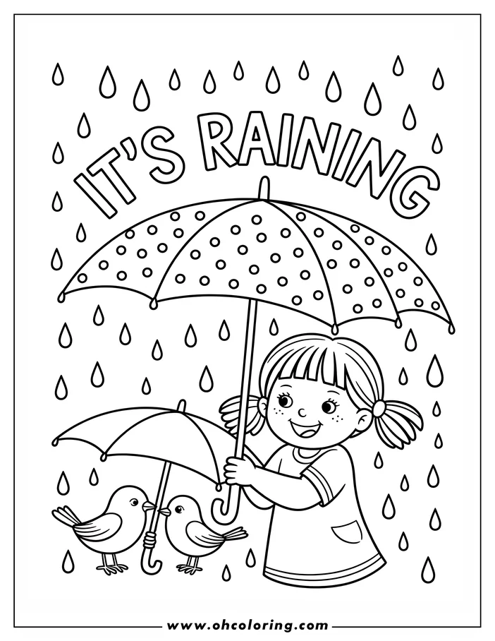 Line art of a girl sharing an umbrella with two birds in the rain. Raindrops are falling around them.