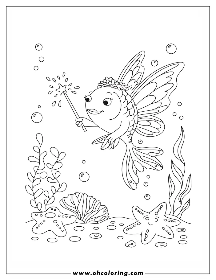 Line art of a goldfish with butterfly wings holding a magic wand, swimming above starfish and seaweed on the ocean floor.