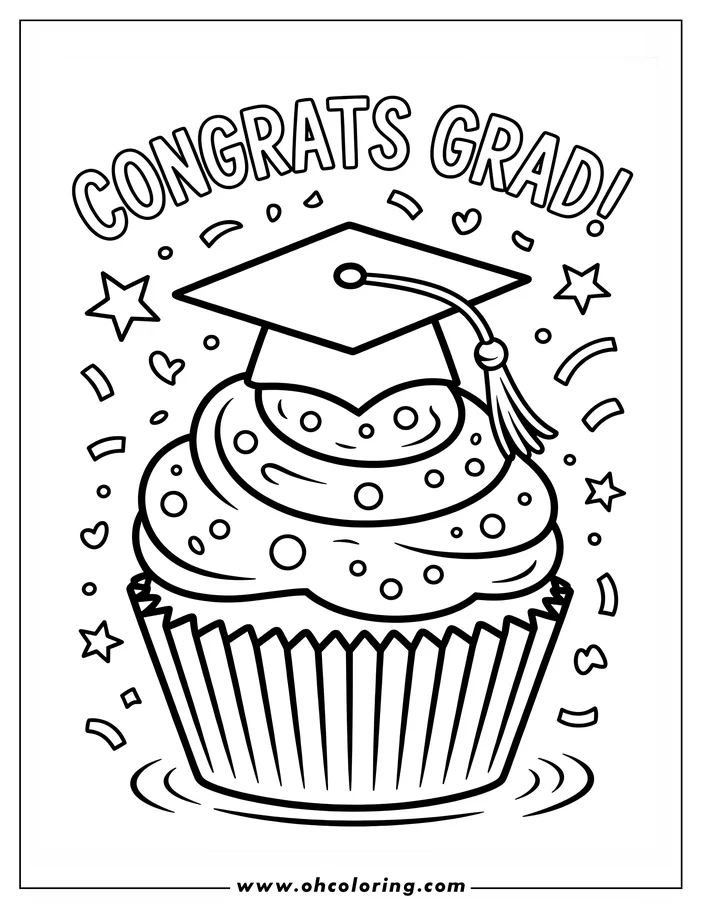 Line drawing of a cupcake with a graduation cap on top, surrounded by confetti and the phrase "Congrats Grad!".
