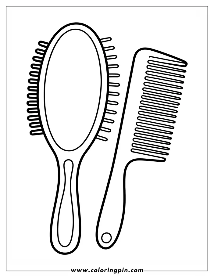 Line art of a hairbrush and comb. The hairbrush has an oval head with bristles and a handle, while the comb has a rectangular shape with teeth.