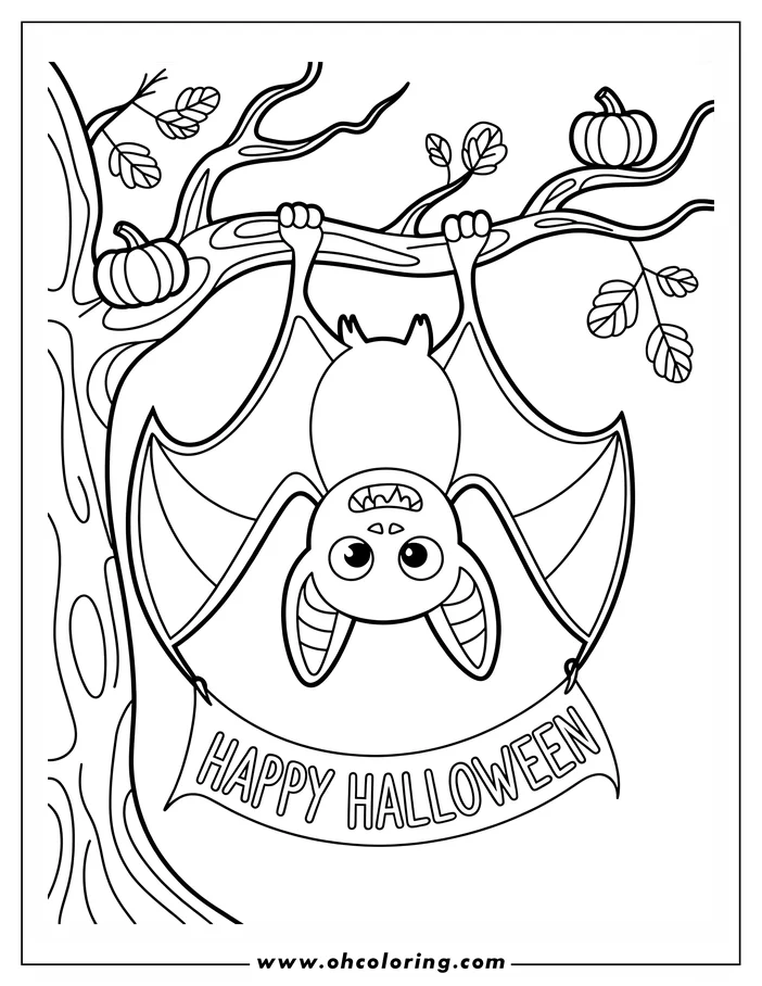 Line art of a bat hanging upside down from a tree branch, holding a "Happy Halloween" banner. Two pumpkins and simple leaves decorate the branch. This cheerful Halloween scene is presented as a coloring sheet.
