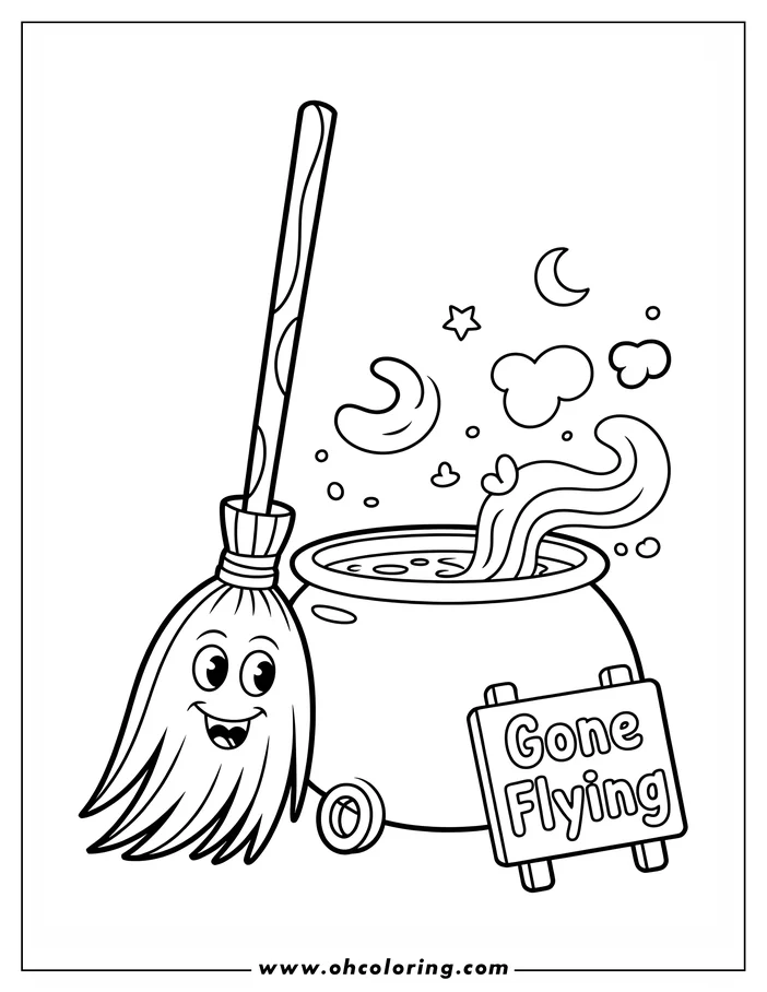 Line art of a smiling broom next to a steaming cauldron with a "Gone Flying" sign, set against a backdrop of stars, a crescent moon, and swirling smoke, perfect for a Halloween coloring activity.
